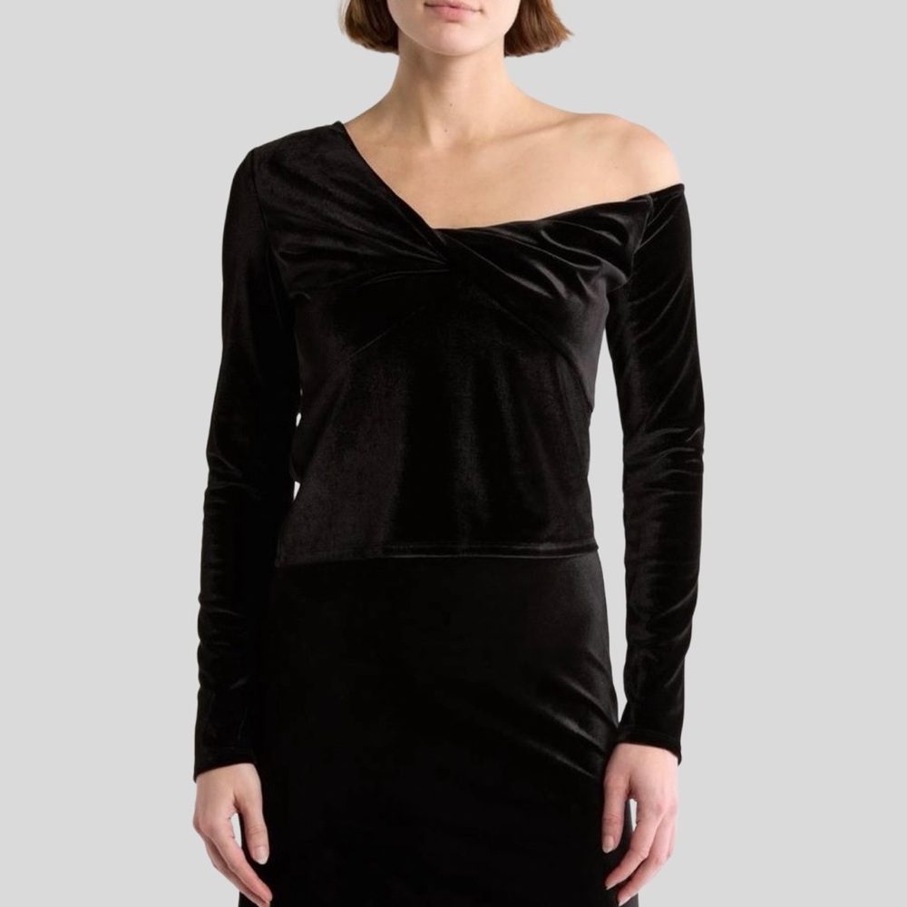 Elodie Velvet One Shoulder Knotted Long Sleeve Black Top